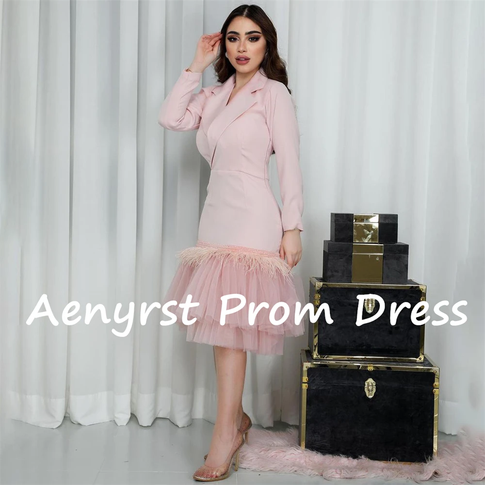 Aenyrst rosa moderne lange Ärmel Saudi-Arabien Abendkleider Meerjungfrau V-Ausschnitt Satin Ballkleid Tee Länge Frauen feiern Kleider