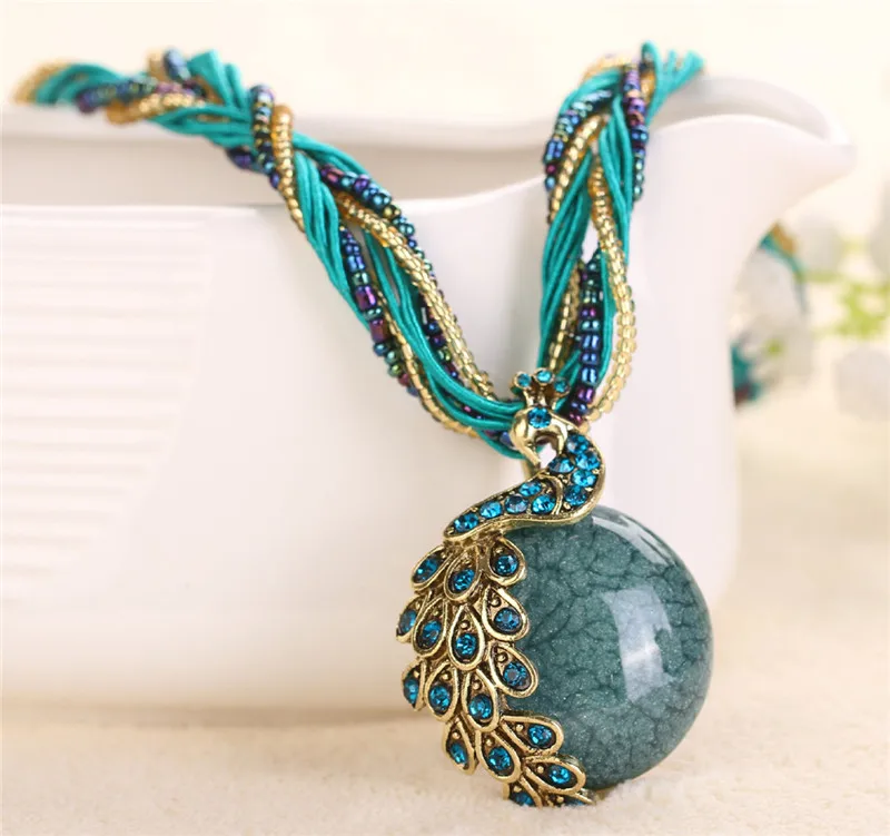 Boho Ethnic Jewelry Choker Handmade Pendant Necklace Natural Stone Bead Peacock Statement Maxi Necklace for Women Girls Gifts