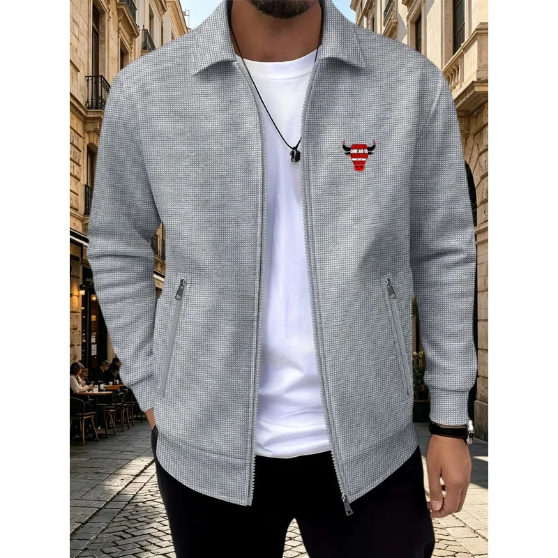 Men Bull Head Badge Print Business Casual Jacket Lapel Full Zip Coat Textured Waffle Fabric Zipper Pockets Commute Outerwear