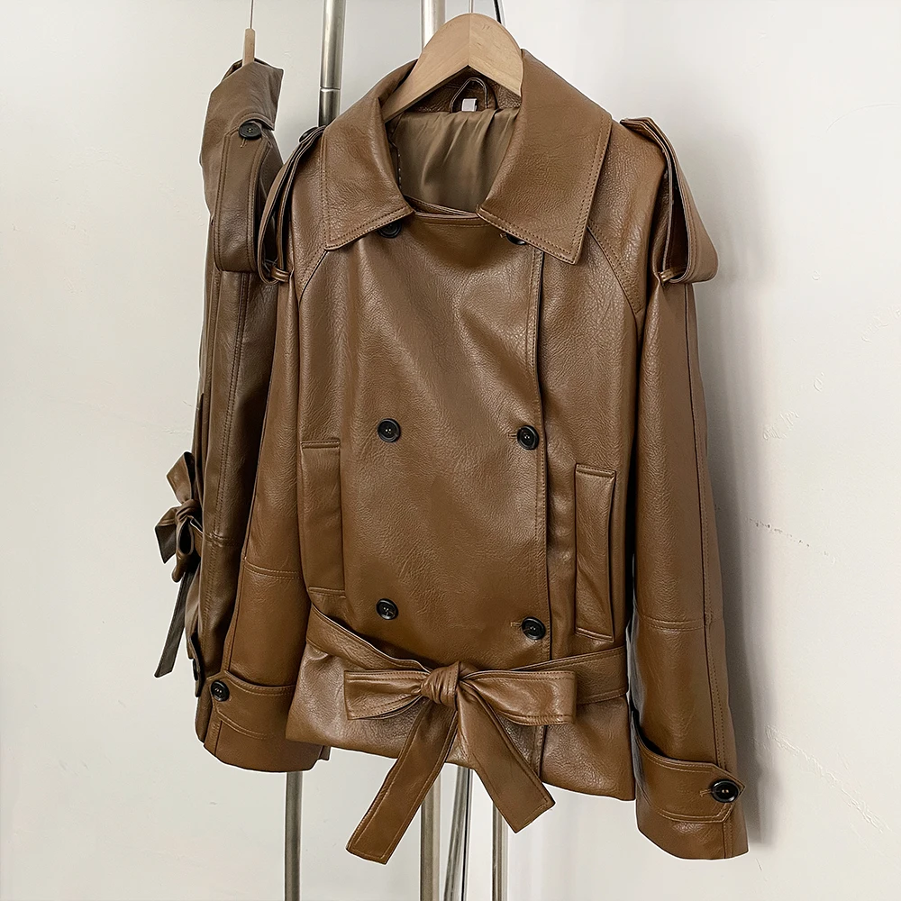 

Женская модная куртка из искусственной кожи, коричневое пальто из экокожи, куртка из ПУ кожи в корейском стиле, весна-осень 2026, Y2K