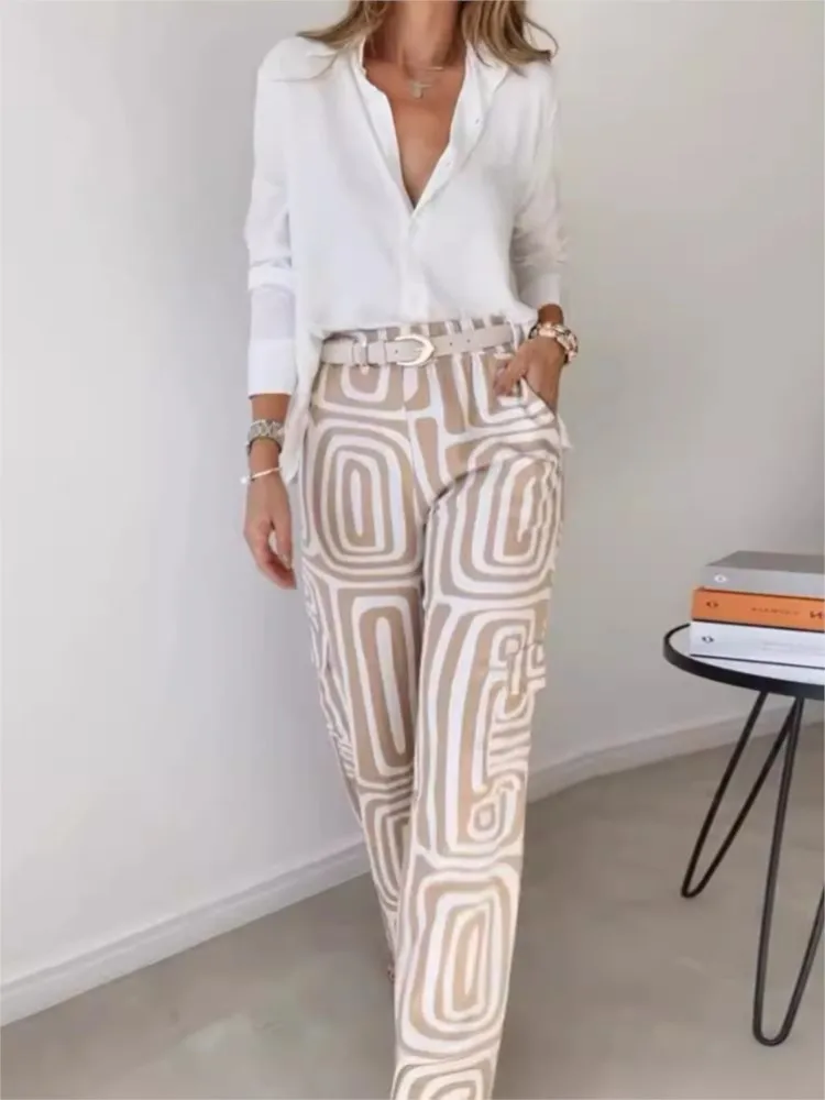 Spring Autumn Fashion Print Two Piece Sets Women Loose Buttons Tops + Wide Leg Pants 2 Piece Set Office Lady No Belt Outfits