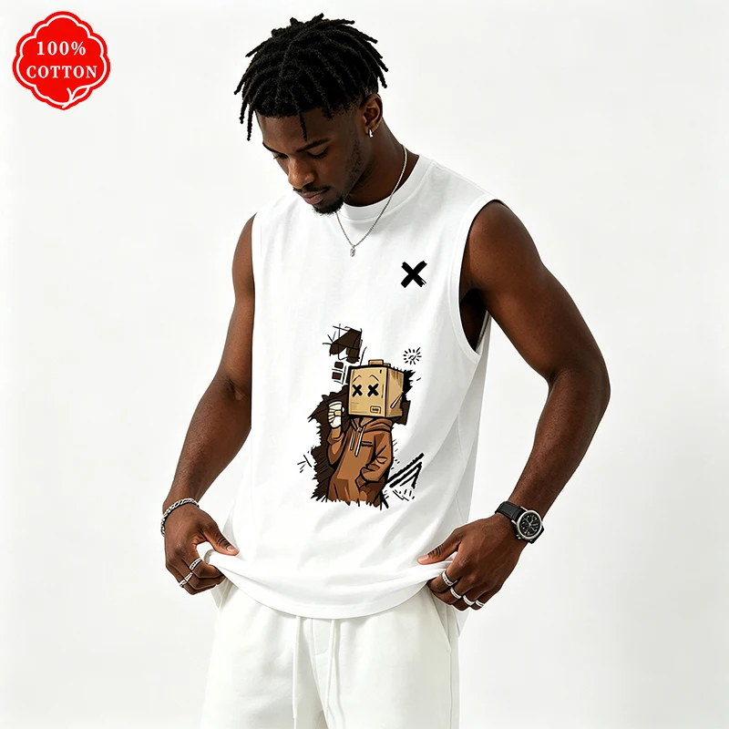 100% cotton men's sleeveless top for summer graffiti print breathable round-neck sleeveless vest-T30