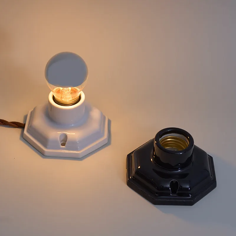 Black & White E27 Octagonal Vintage Ceramic Light Head Edison Lamp Holder Retro High Temperature Bulb Table Lamps Wall Mounted