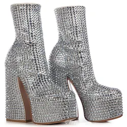 Platform Rhinestone Ankle Boots Side Zip Block Heels Shiny Crystal Party Dress Stage Booties Women Sexy New Arrival Rubber Shoes