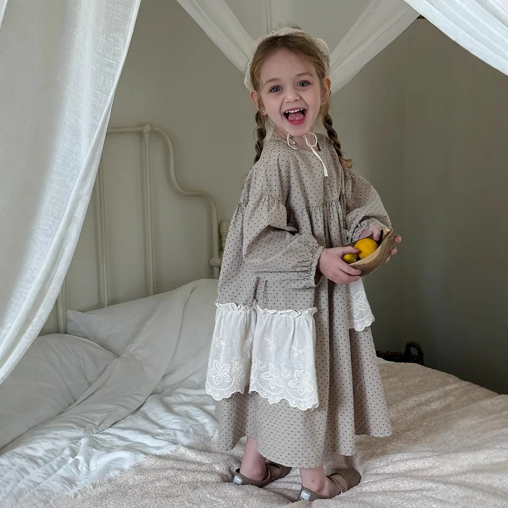 

2025 Autumn New Children's Polka Dot Lace Dress Korean Version Long Sleeve Dress