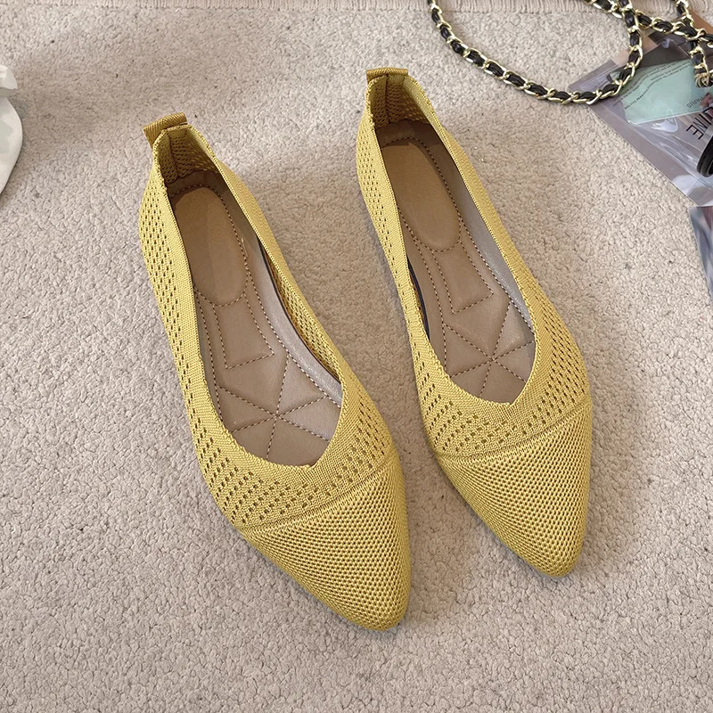 Women Pointed Shallow Flat Heel Shoes Fashion Loafers Soft Bottom Ballet Flats Classic Knit Mesh Non-slip Sole Barefoot Shoes