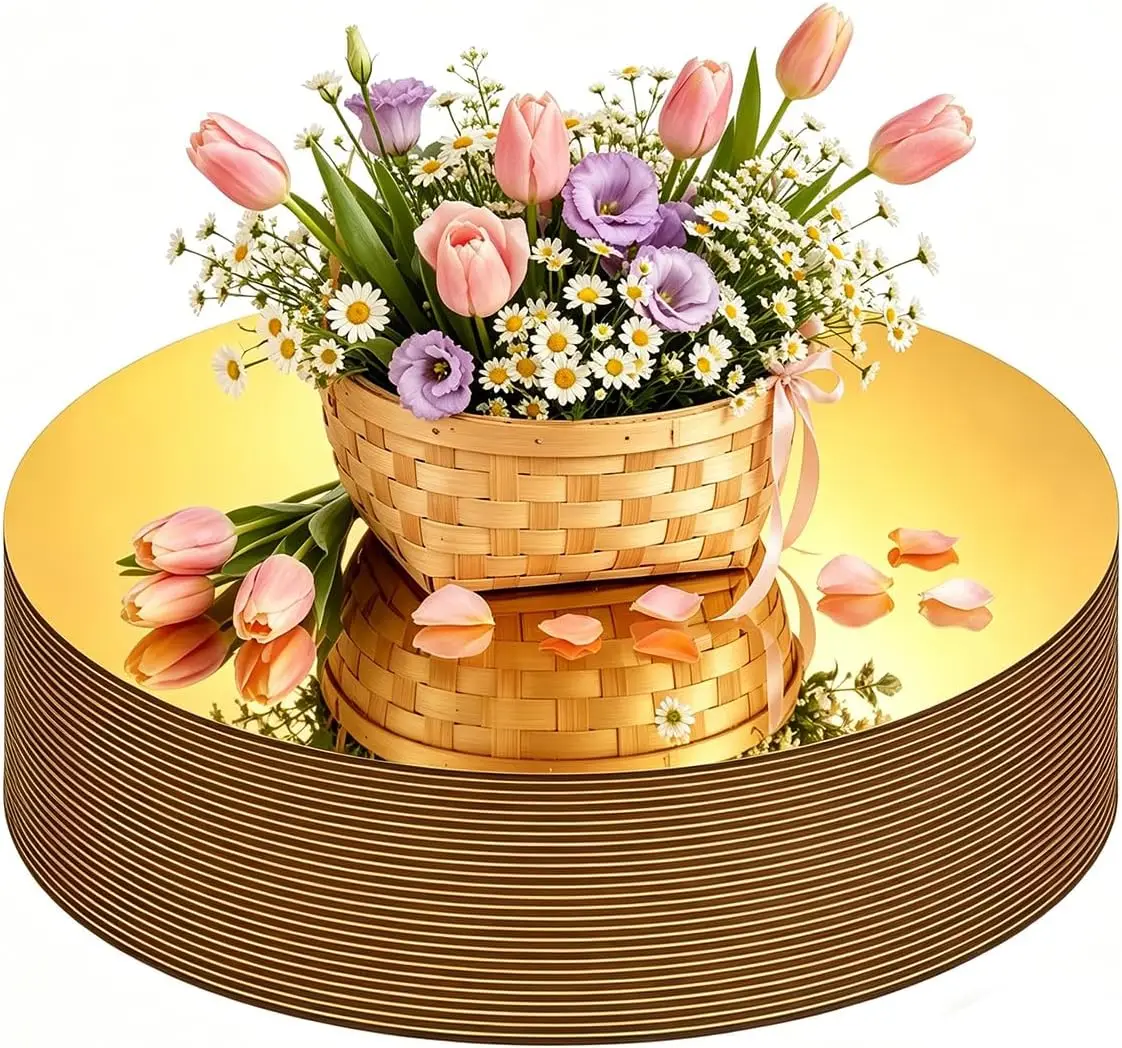 26PCS Gold Round Mirror Plates for Centerpieces Tables, 8“ Flat Circle Mirror Tiles for Wedding Decorations, Round Mirror Candle