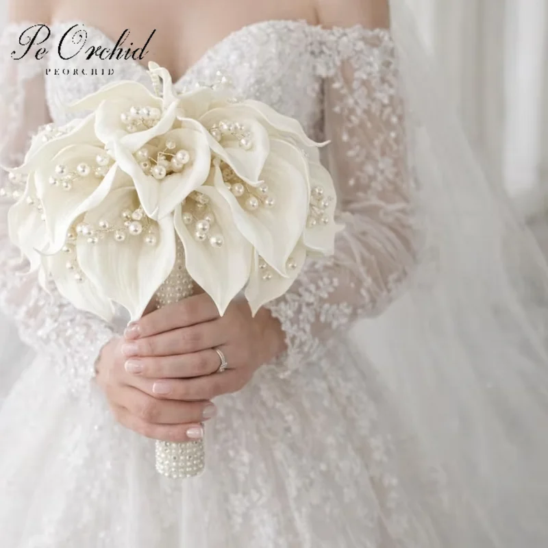 PEORCHID Pearl Bridal Bouquet for Wedding ramo novia Calla Lily Elegant Ivory Luxury Bride Hand Bouquet Flowers Decor