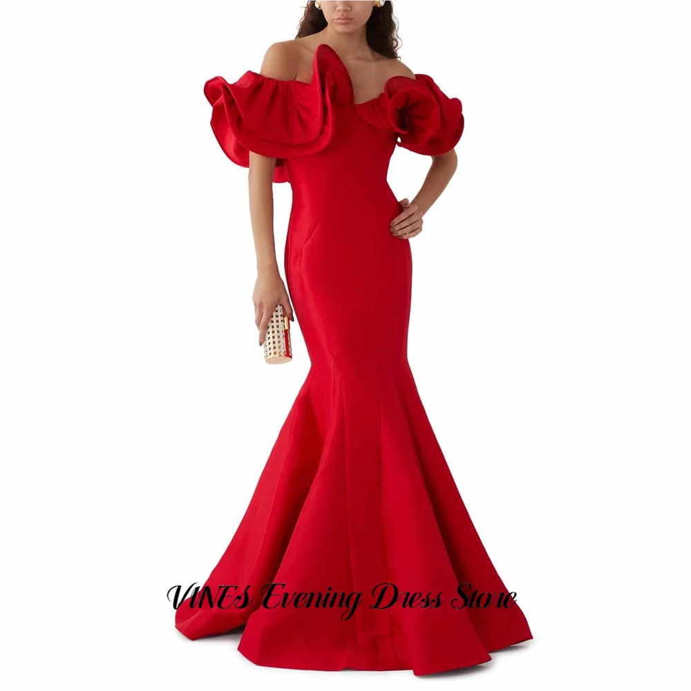 

VINES Red Prom Dresses Off Shoulder Unique Celebrity Dress Mermaid Satin Evening Dresses Zipper Back Formal Gown Customized