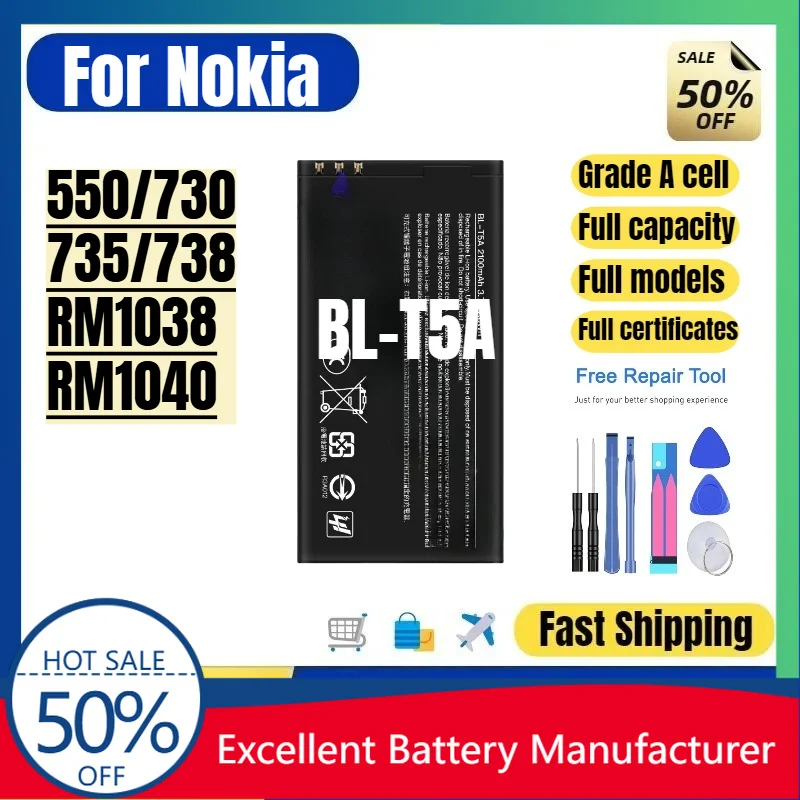 0 Cycle BL-T5A Battery for Nokia 550 730 735 RM-1038 Phone High Quality Replacement Battery Grade A Li-ion Bateria with Tools