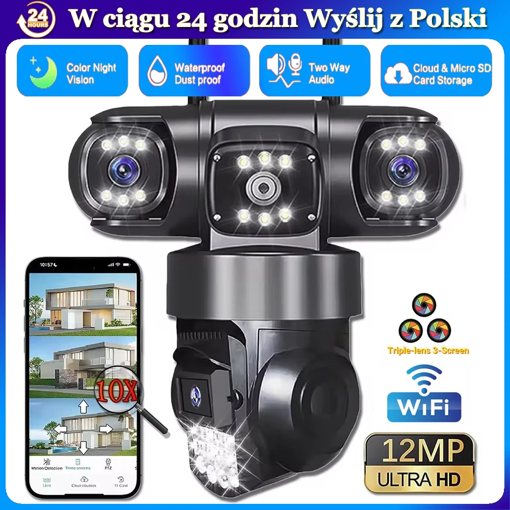 Kamera IP WiFi 12MP 6K z potrójnym obiektywem, zewnętrzna kamera CCTV, ochrona bezpieczeństwa, kolorowy tryb nocny, detekcja ruchu, ochrona domu, monitoring, kamery V380 Pro