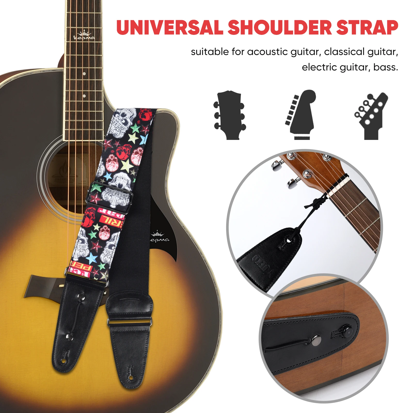 Individuality Color Exotic Style Skull Guitar Strap Electric Guitar Bass Widen 2.5 Inch Universal Belt with PU Leather End