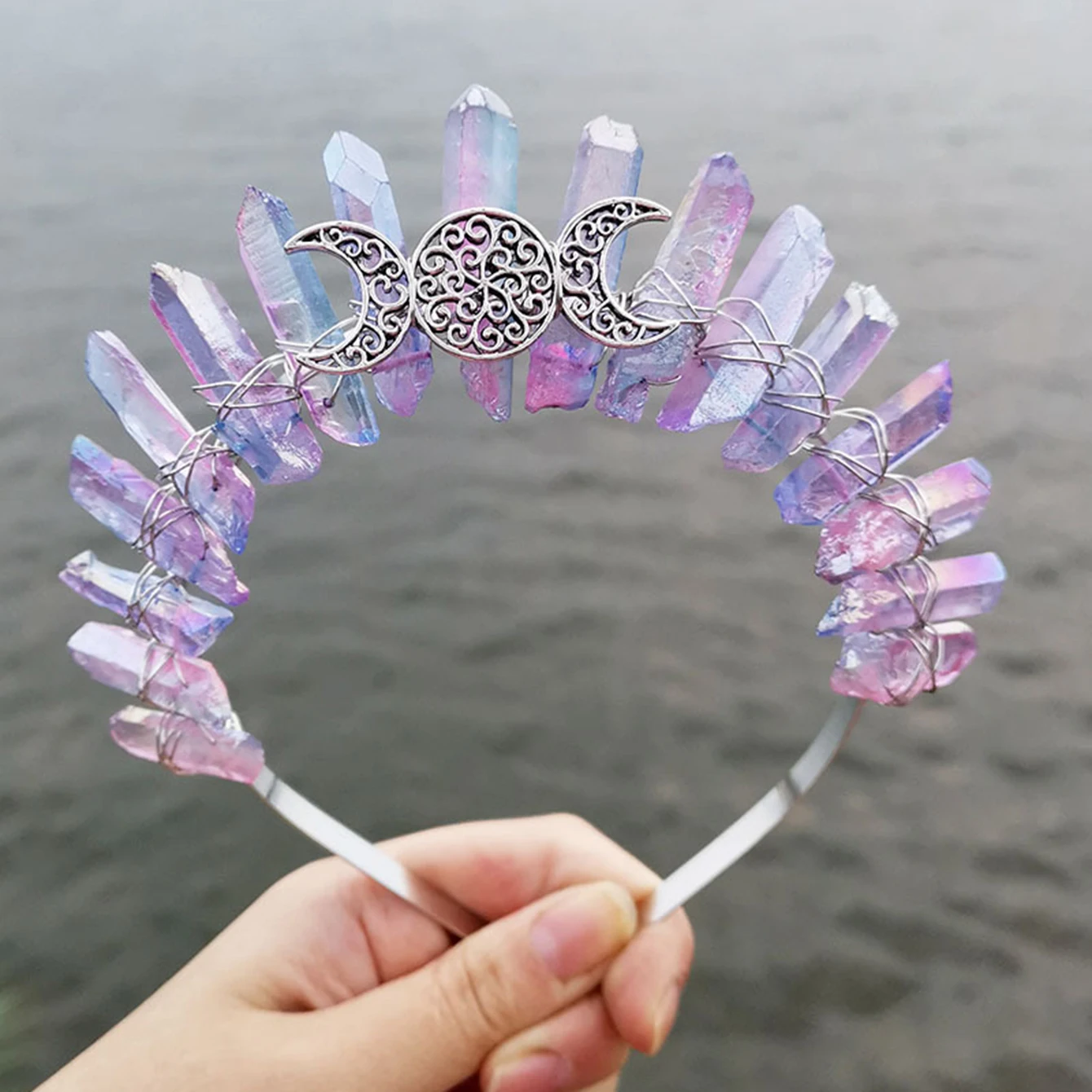 Raw Crystal Tiara Crown Headband, Natural Quartz Moon Goddess Witch Headpiece for Wiccan Cosplay Party Headwear