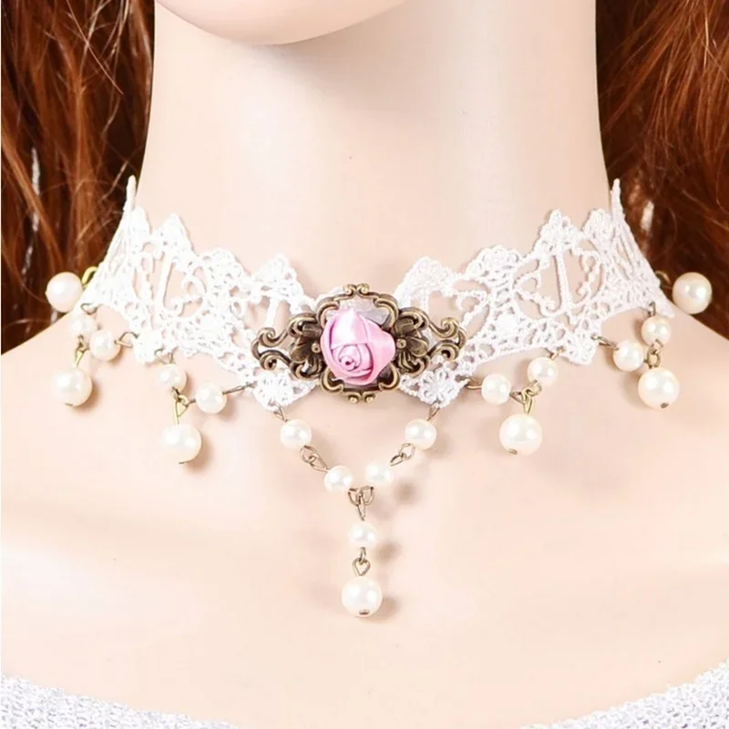 Lace Necklace Pearl Pendant False Collar Wedding Jewelry Sets for Women