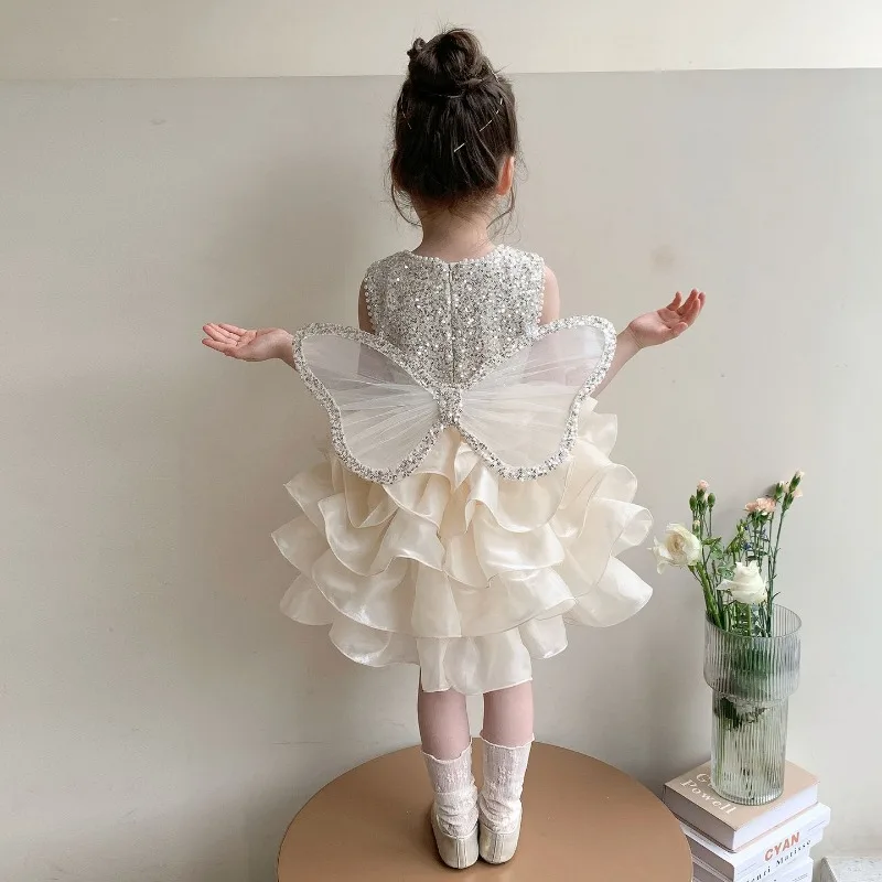 Princess Dress Sequined Puffy Tulle With Butterfly Wings 2026 Summer Elegant Layered Birthday Party Stylish Daily Fashion Outfit