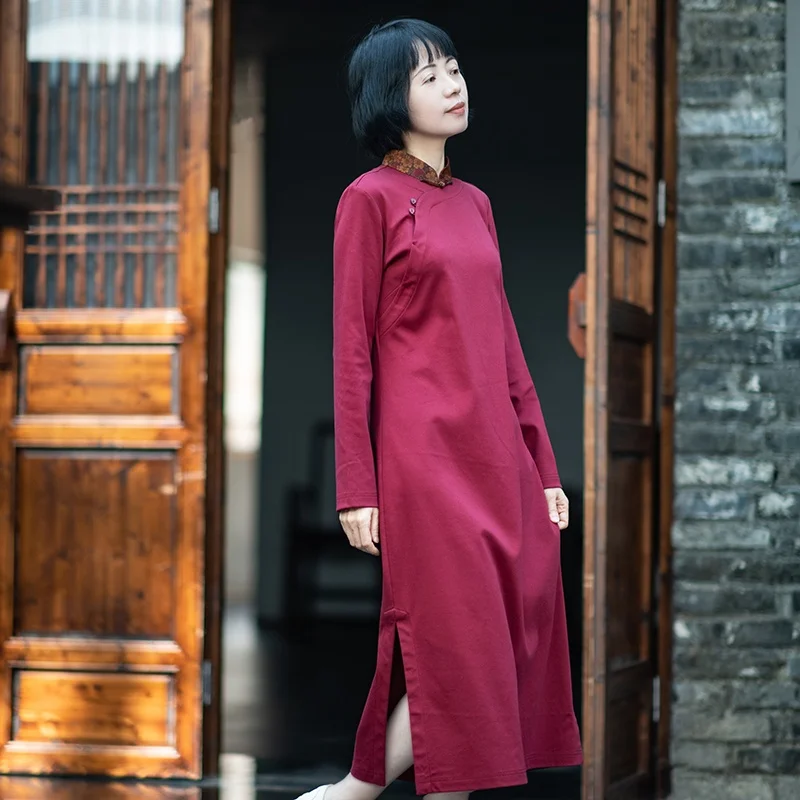 

Повседневное длинное платье из хлопка с низким разрезом, однотонное, в стиле пэчворк, с воротником-стойкой, сезонное, весна-осень, цвет «красное вино»