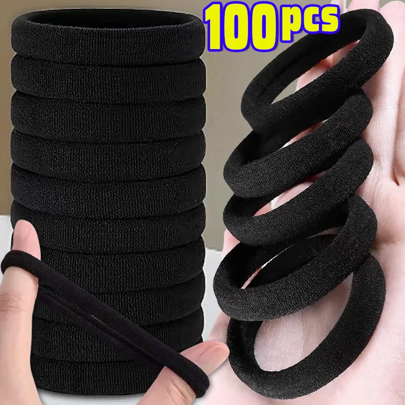 10/100pcs Women Girls Black Basic Hair Bands Simple Rubber Ropes Scrunchies High Elastic Headband Tie Clips Ponytail Holders