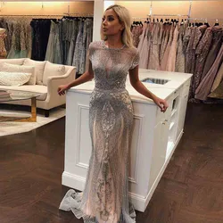 Long Luxury Rhinestones Short Sleeves Mermaid Evening Dress Scoop Neck Pageant Dresses Formal Gown Robe Soiree Vestidos De Gala