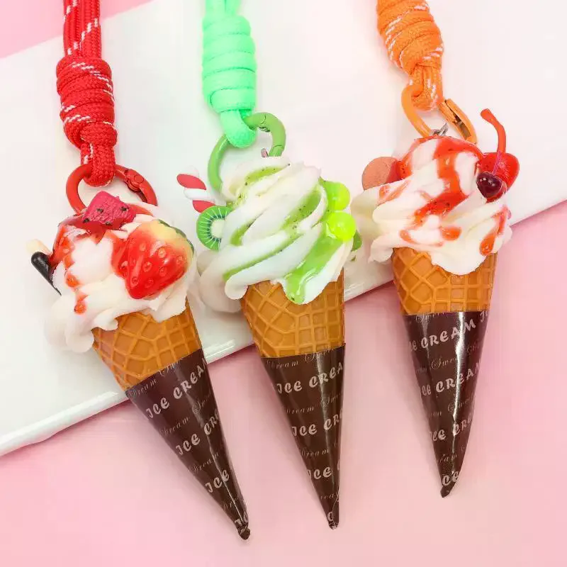 Simulation Ice Cream Cone Keychain Braided Lanyard Realistic Design Backpack Pendant Gift For Girls