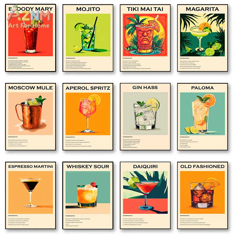 Vintage Cocktail Canvas Poster Classic Drink Recipe Print Mojito Margarita Old Fashioned Illustration Bar Kitchen Wall Decor