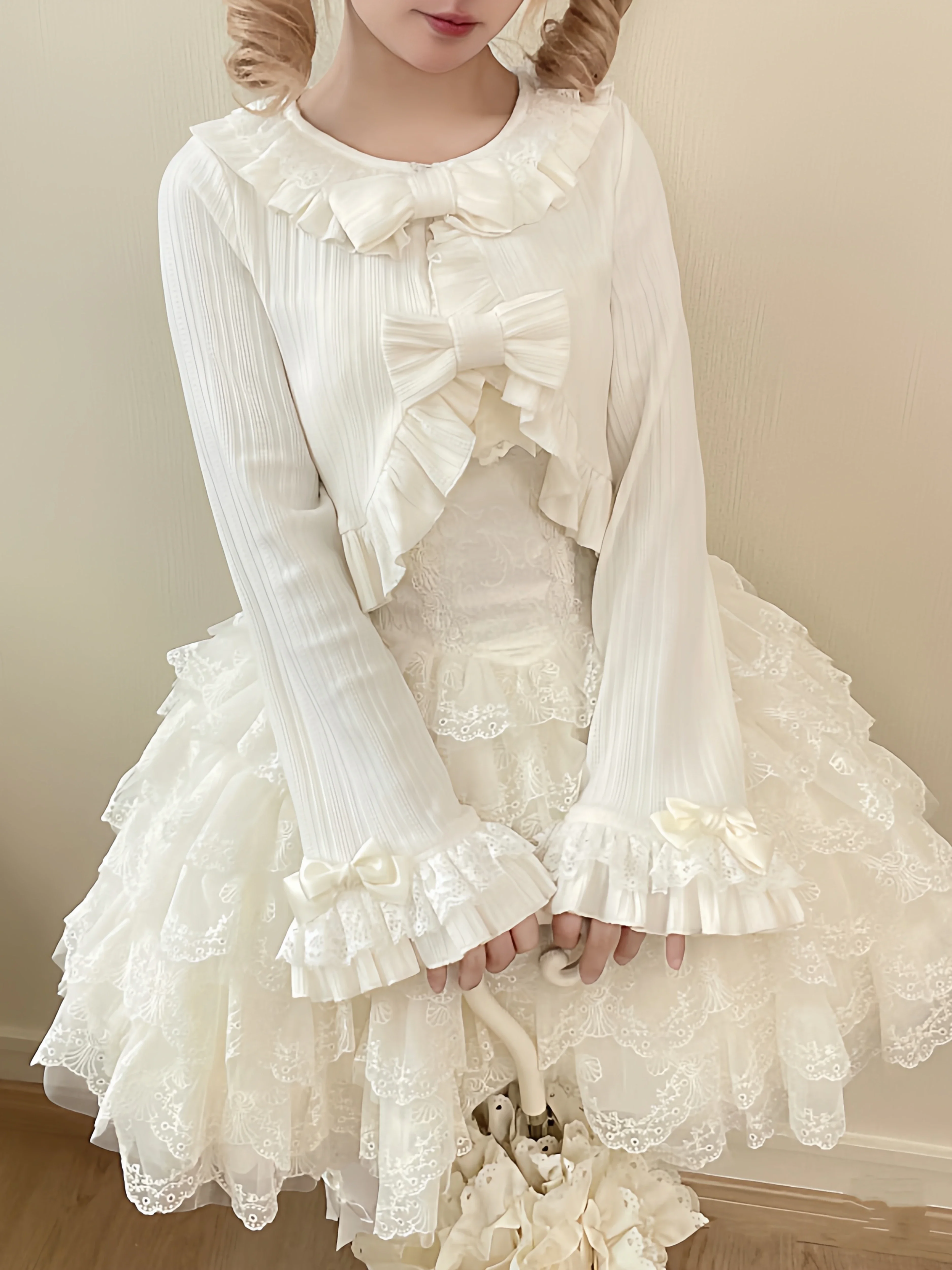 Coalfell Lolita gola plissada xale curto Lolita outono e inverno mangas jaqueta fofa cardigã de malha com laço