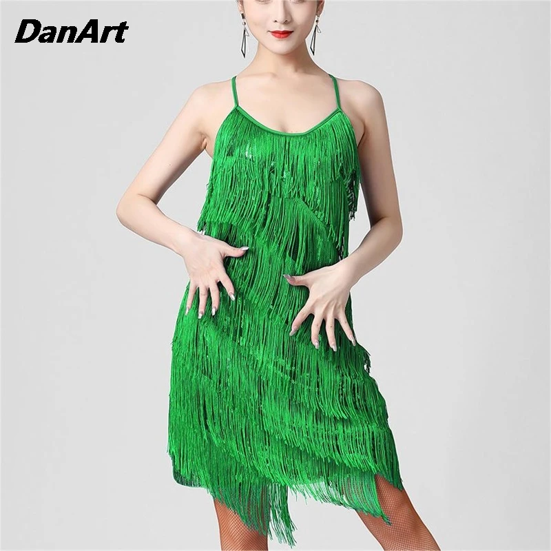 

Ladies Strap Sequin Tassel Dress V-neck Dress Latin Dance Dress Dance Women Costume Stage Performance Competition Uniform Dress