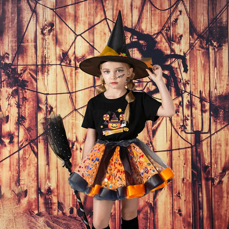 Nieuwe Halloween Gedrukt Mesh Rok Heksenhoed Bezem Gezwollen Rok Driedelige Set Voor Meisjes Cartoon Up Korte Rok Cadeaus voor Kinderen