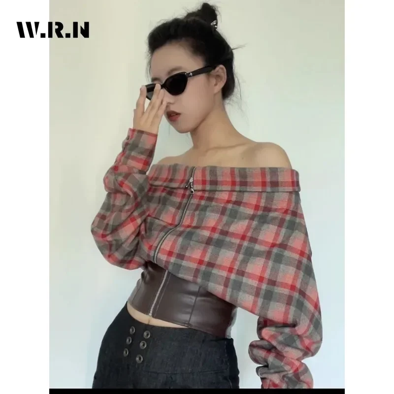 Sexy Casual Plaid Patchwork Long Sleeve Slash Neck Slim T-Shirts Women's Hotsweet Club Zipper Sheath Coquette Tees Leather Top