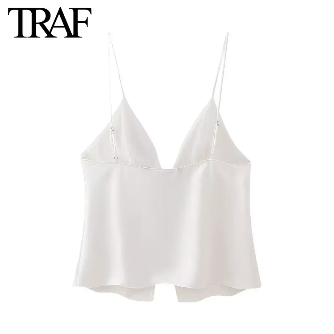 TRAF Women Fashion Summer New Sexy V-Neck Bow Satin Backless Sling Crop Top Chic Female Streetwear Clothing White Vest Mujer