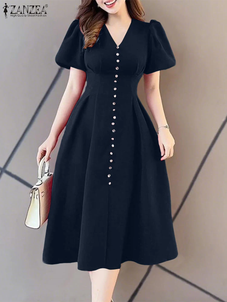 ZANZEA 2025 Summer Elegant Party Dress Women Midi Sundress Fashion Casual Short Sleeve V-Neck Waist Long Vestidos Streetwear