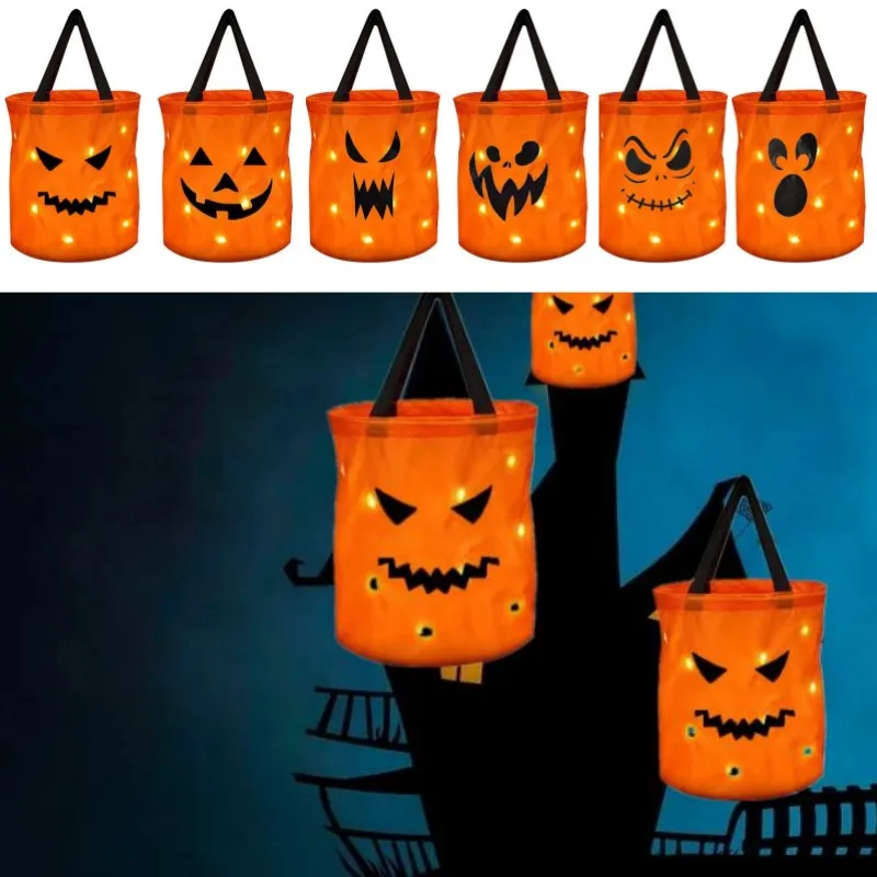

1 шт., сумка-тоут с тыквой на Хэллоуин, светодиодная подсветка, ручка, многоразовая сумка для конфет «Кошелек или жизнь», для детей, декор для вечеринки, подарок