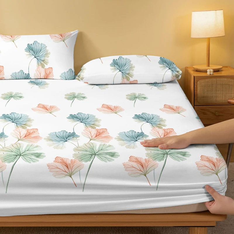 1 Simple modern Plant leaves printed matte Fitted Sheet, bedroom printed bed cover, bedding (excluding pillowcases)