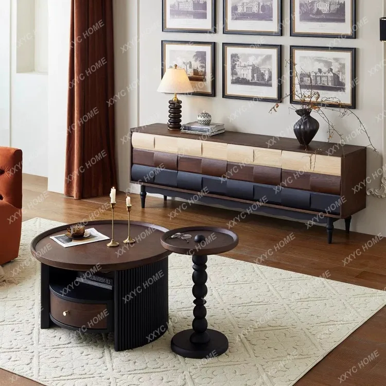 solid wood TV cabinet coffee table combination medieval living room creative color matching retro floor cabinet walnut