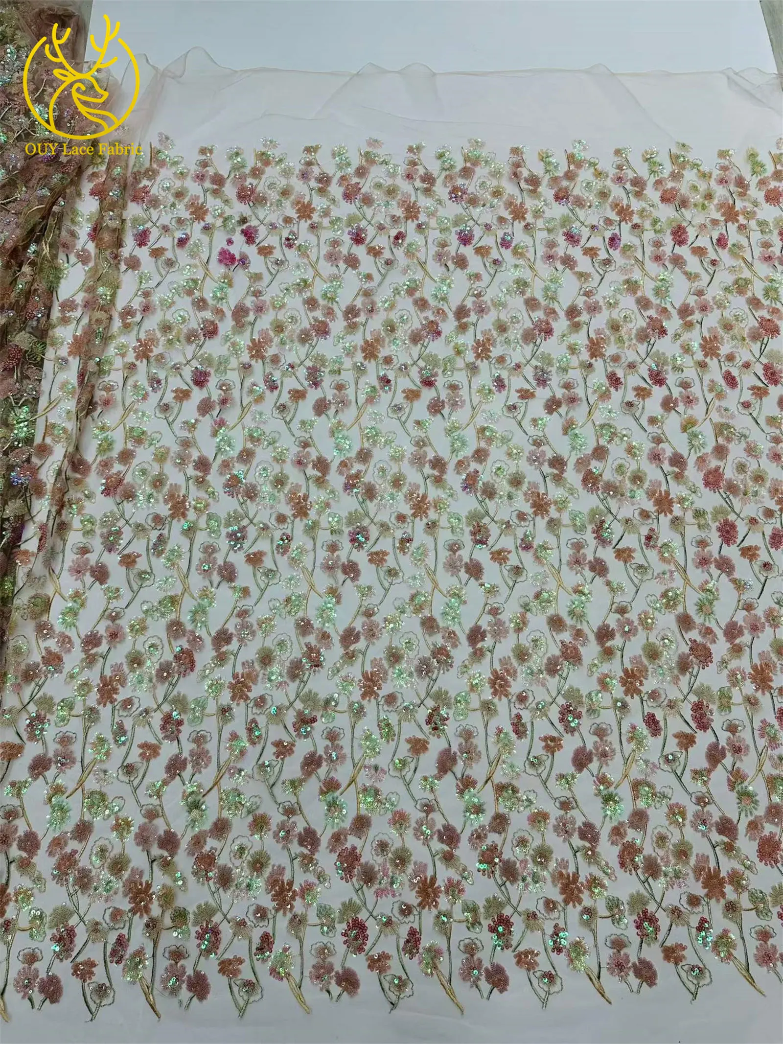 Luxuriöser afrikanischer Pailletten-Spitzenstoff, 5 Yards, hochwertige französische nigerianische Stickerei-Tüllspitze für Hochzeitsfeier, Brautkleid – Detail 13