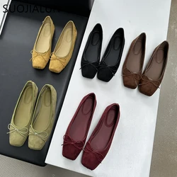 SUOJIALUN 2024 Autumn Women Flat Shoes Fashion Round Toe Shallow Slip On Ballerinas Shoes Soft Flat Heel Ladies Dress Boat Shoes