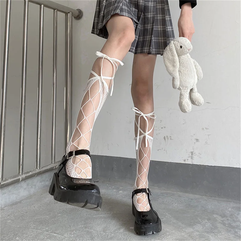 Women Sexy Bandage Cross Ribbon Hollow Stockings Anti-Snagging Party Fish Net Stockings