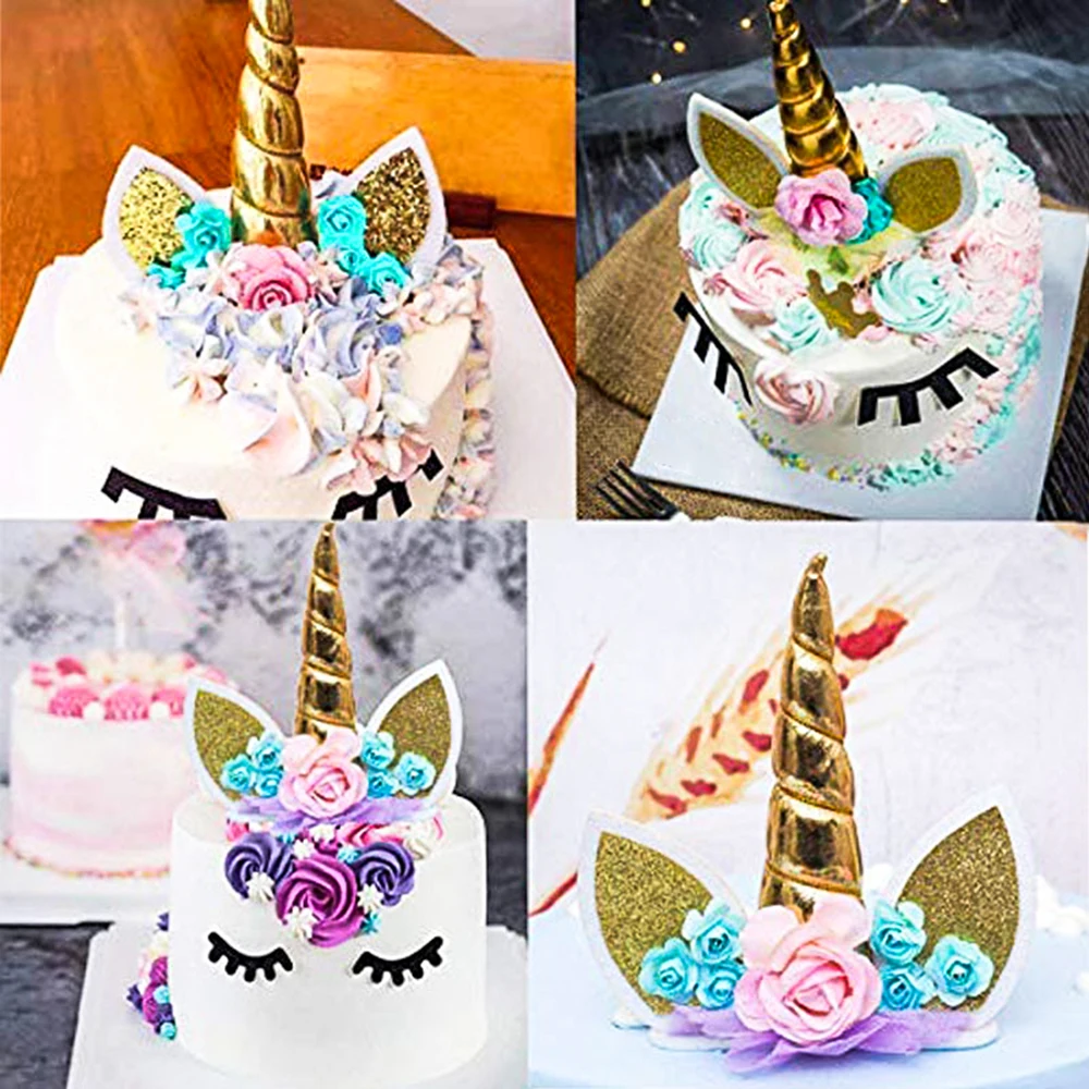 1set Cake Topper Unicorn With 2 Eyelashes Base for Birthday Party Cake Dessert DIY Decoration Supplies - view 2