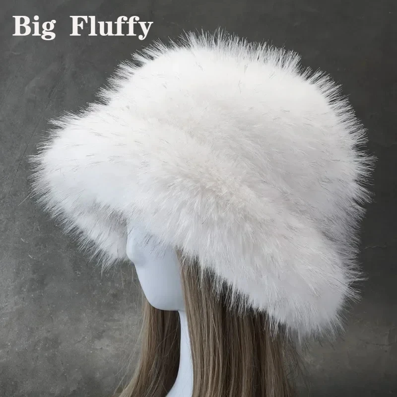 New Long Faux Fur Big Winter White Furry Bucket Hat for Women Men Soft Fluffy Warm Fuzzy Panama LadiesFaux Fur Fisherman Hats