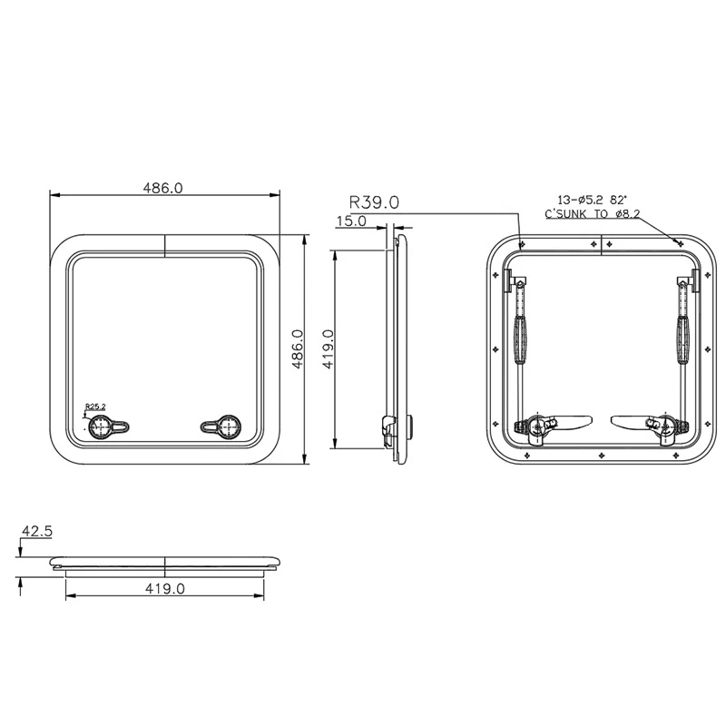 486x486mm Boot Dakramen Vierkant Uitschuifbaar Dekkozijn Dakramen Ventilatie voor Jacht Camper