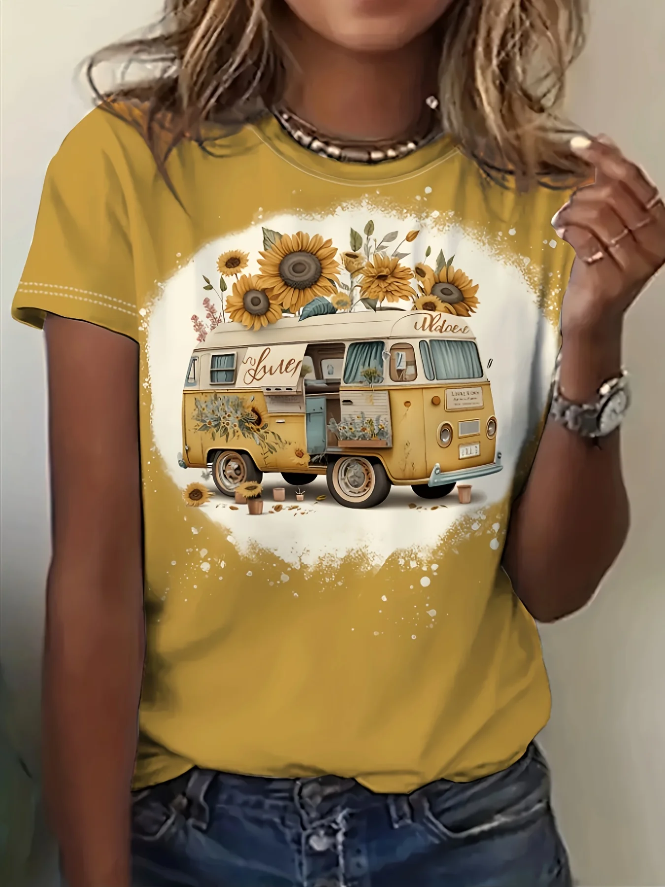 Women's T‑shirt Retro Camper Van Sunflower Graphic Print Short Sleeve Crew Neck Summer Casual Daily Tops Women Clothing