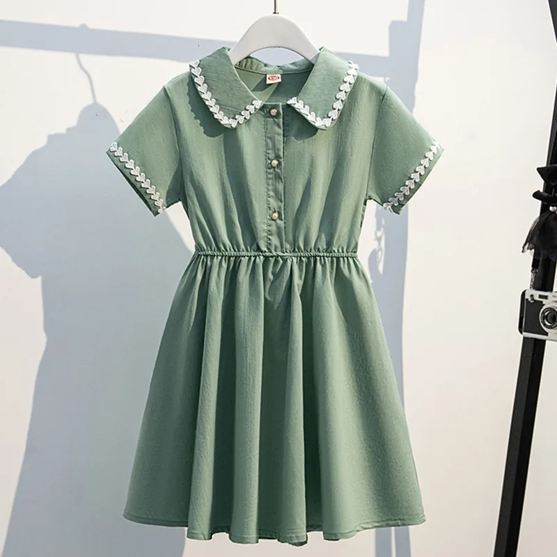 

2025 teenager Summer baby Girls Sleeve Dress heart lace A-LINE Clothes lace Off Shoulder Pleated skirt 5 6 7 9 10 12 14 years