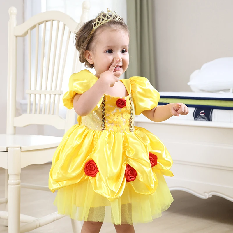 Baby Yellow 3D Floral Dress Short Sleeve Belle Princess Dress Soft Breathable Infant Dress Size 6M-3Y Kids Birthday Party Dress