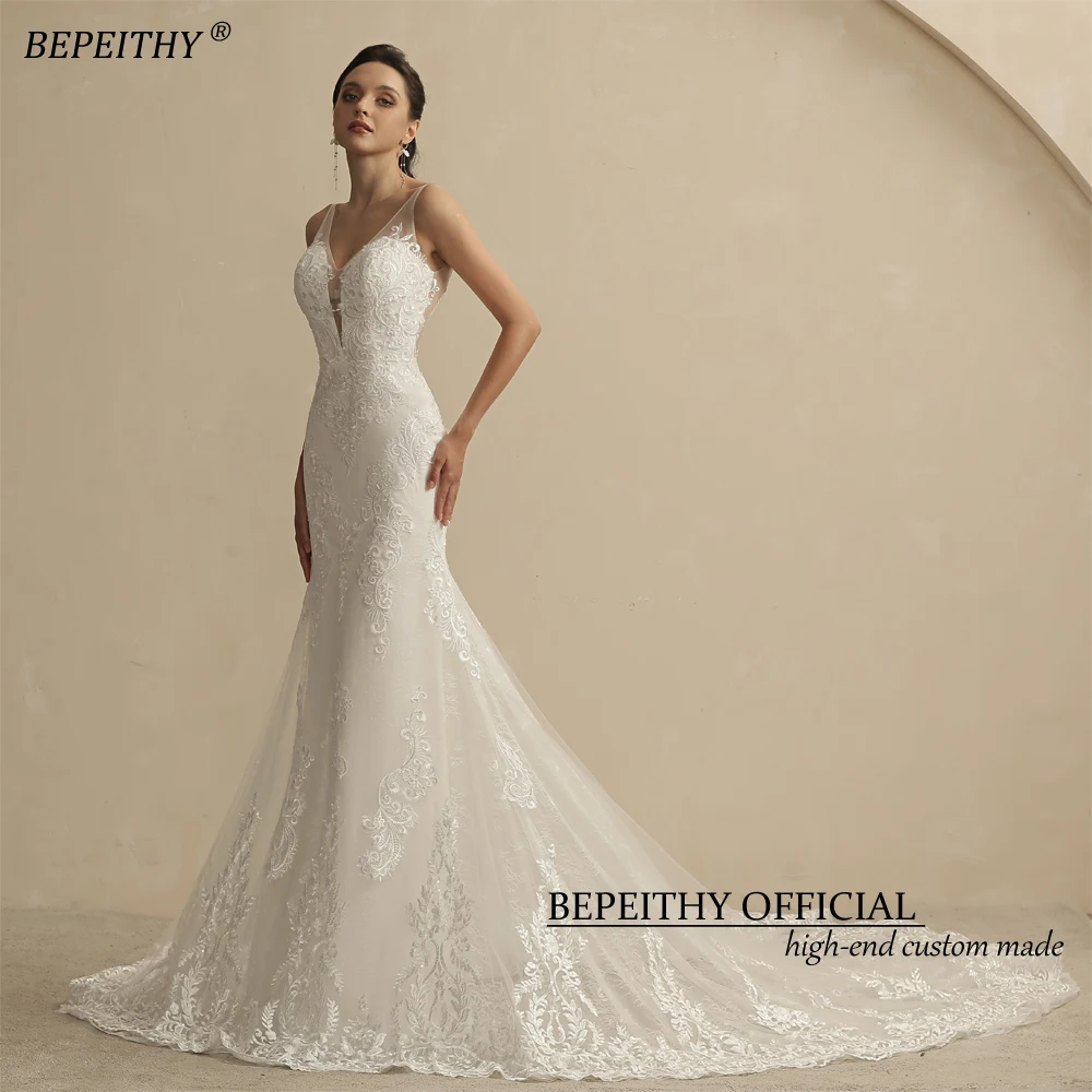 BEPEITHY Customized Real Image Mermaid Lace Wedding Dress For Women Court Train Sleeveless V Neck Open Back Vintage Bridal Gown