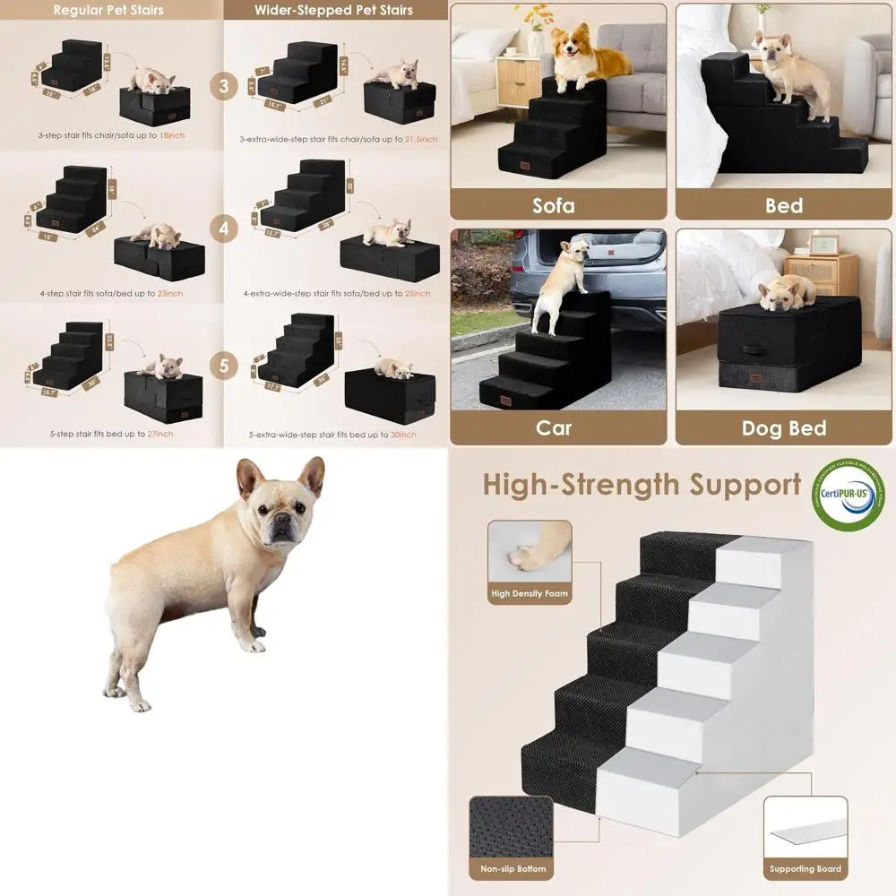 

5-ступенчатая широкая лестница для домашних животных для высоких кроватей, нескользящая комнатная рампа для маленьких собак и кошек, черная