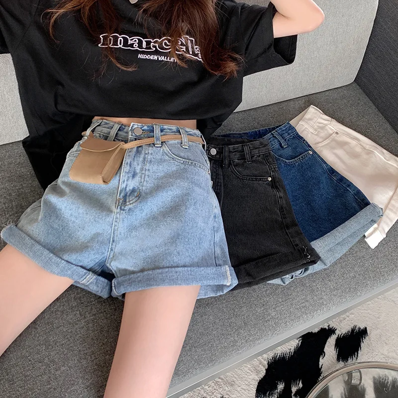

2024 Wide Leg Pants high waist curled denim shorts for women straight loose retro slim wide leg a-line hot pants