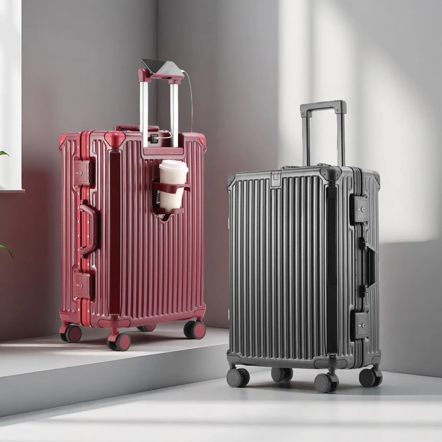 

Multifunctional Carry-On Suitcase, Aluminum Frame Luggage With Phone Holder Cup Holder TSA Customs Lock Swivel Wheels 20"24"26"
