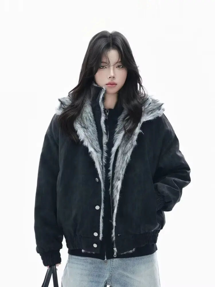 

Новое зимнее свободное пальто с утолщенным мехом, женское пальто Y2k с меховым воротником и капюшоном, толстые модные парки, повседневная верхняя одежда, пальто с хлопковой подкладкой