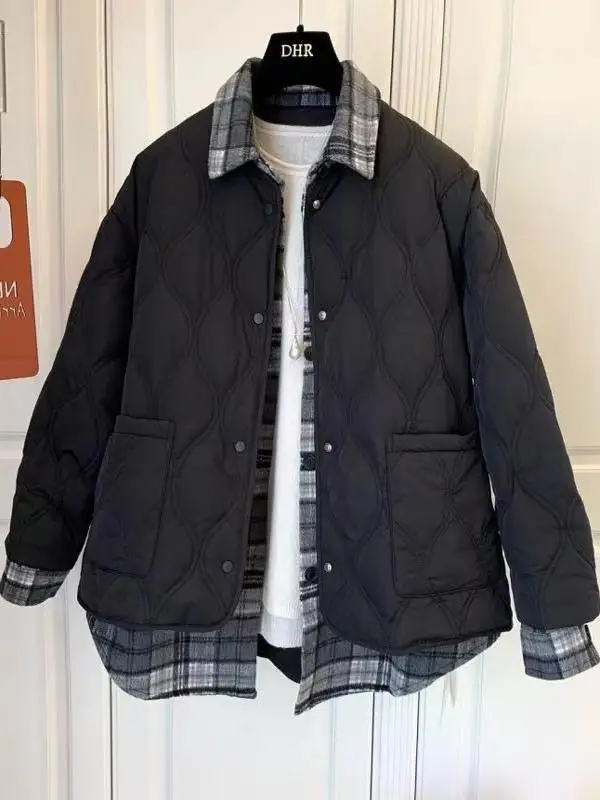 

Женская свободная куртка больших размеров в корейском стиле, осенне-зимняя, в клетку, с комбинированными вставками, утепленная, модная верхняя одежда