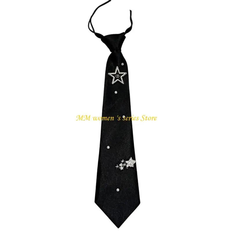 Q39C Quick Wear Black Necktie, Decorative Narrow Tie with Fixed Knot for Class Wear, Office Styling, Party Looks, and Photos