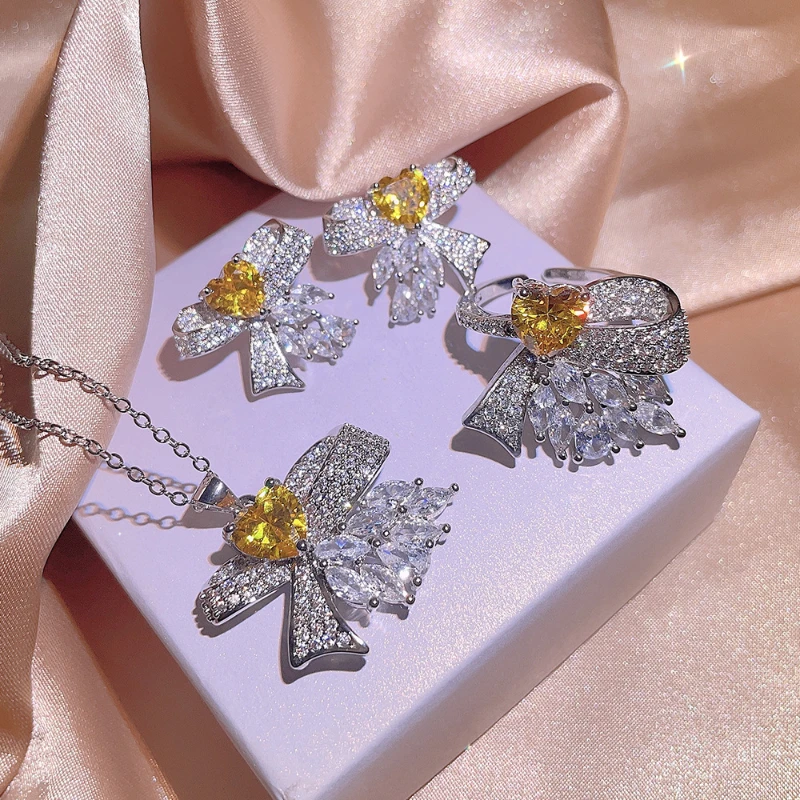 Luxury Women\'s Jewelry Set Yellow Heart Zircon Bow Necklace 925 Sterling Silver Ring Fashion High Class Banquet Party Jewelry